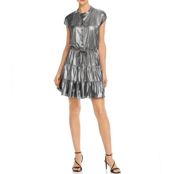 NWT REBECCA MINKOFF OLLIE Gray Silver GUNMETAL Shiny Button Mini Dress MEDIUM - Picture 4 of 16